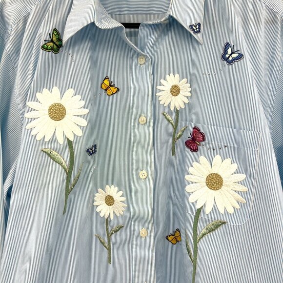 Vintage Tia Designs Embroidered Button Front Shirt Butterflies Flowers Women's L - Picture 2 of 5